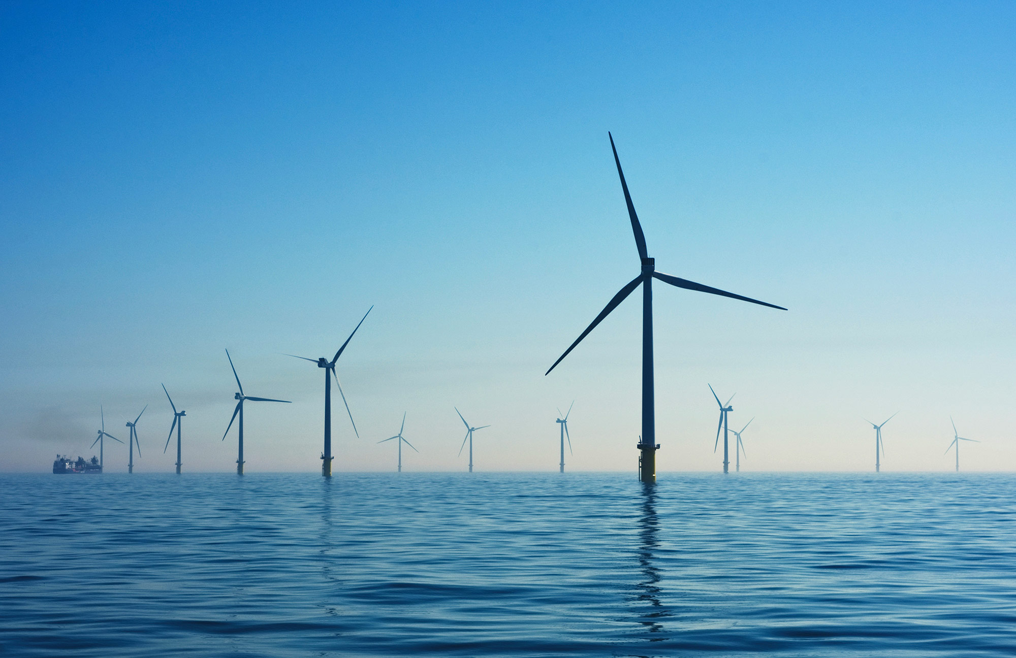 An image showing a number of wind turbines standing in a body of water