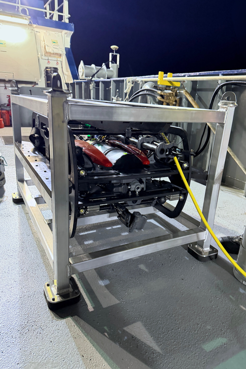 APAMA remotely operated vehicle secured within its launch and recovery system during sea trials
